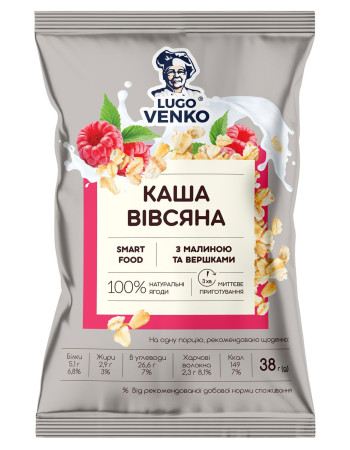 Каша вівсяна з малиною та вершками Lugo Venko 38 г Каша вівсяна з малиною та вершками Lugo Venko 38 г