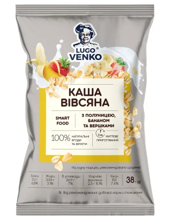 Каша вівсяна з полуницею, бананом та вершками Lugo Venko 38 г Каша вівсяна з полуницею, бананом та вершками Lugo Venko 38 г